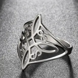 Fashion Hollow Wiccan Cross Celtic Ring For Women Men Accessories Stainless Steel Gold Silver Plated Witch Knot Finger Rings