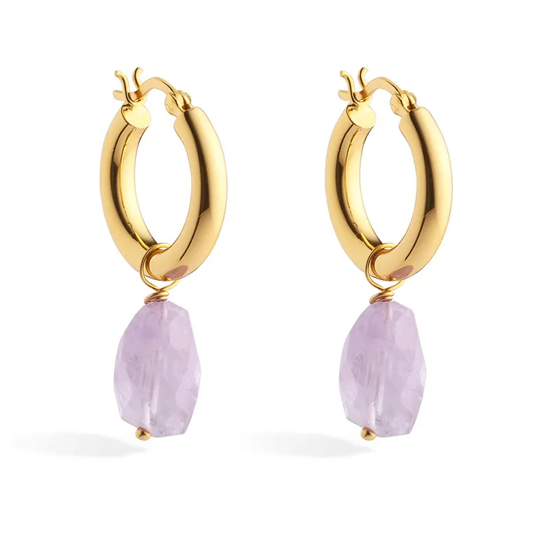 Gemnel 925 silver 18k gold plated chunky hoop women huggie amethyst gemstone earrings