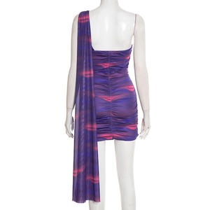 Viviblook Q26DS011 Vestido de fiesta para mujer, vestido de verano con cuello oblicuo, un solo hombro, sin mangas, estampado, mini vestido ajustado - Product Image 6