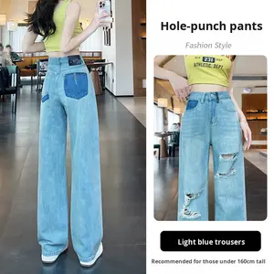 Pantalones largos rectos adelgazantes de cintura alta para mujer, pantalones vaqueros lavados de <span class=keywords><strong>mezclilla</strong></span> Vintage rasgados, pantalones vaqueros transpirables de pierna ancha para verano - Product Image 6