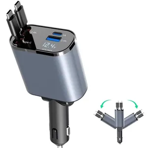 快速USB C伸缩式汽车充电器发光二极管数字显示器4合1快速适配器2端口C型PD汽车充电站充电器