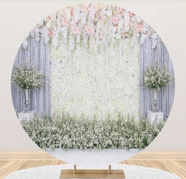 White Flowers Round Backdrop Sparkle Bright White and Pink Flowers Photography Background for Adult Kids Wedding Bride