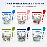 Tasses en céramique souvenirs de Santorin, Grèce, avec motif des monuments de l'île, tasses à café et à lait en céramique avec cuillère, OEM ODM, vente en gros