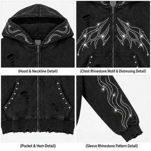 เสื้อฮู้ดดี้แบบสั่งทำพิเศษ ผ้าฝ้าย 450 GSM ทรงบ็อกซี่ ตัดสั้น ซิปเต็มตัว ประดับด้วยคริสตัล แต่งขอบแบบดิสเทรส คุณภาพพรีเมียม เสื้อฮู้ดดี้ผู้ชายทันสมัย - Product Image 3