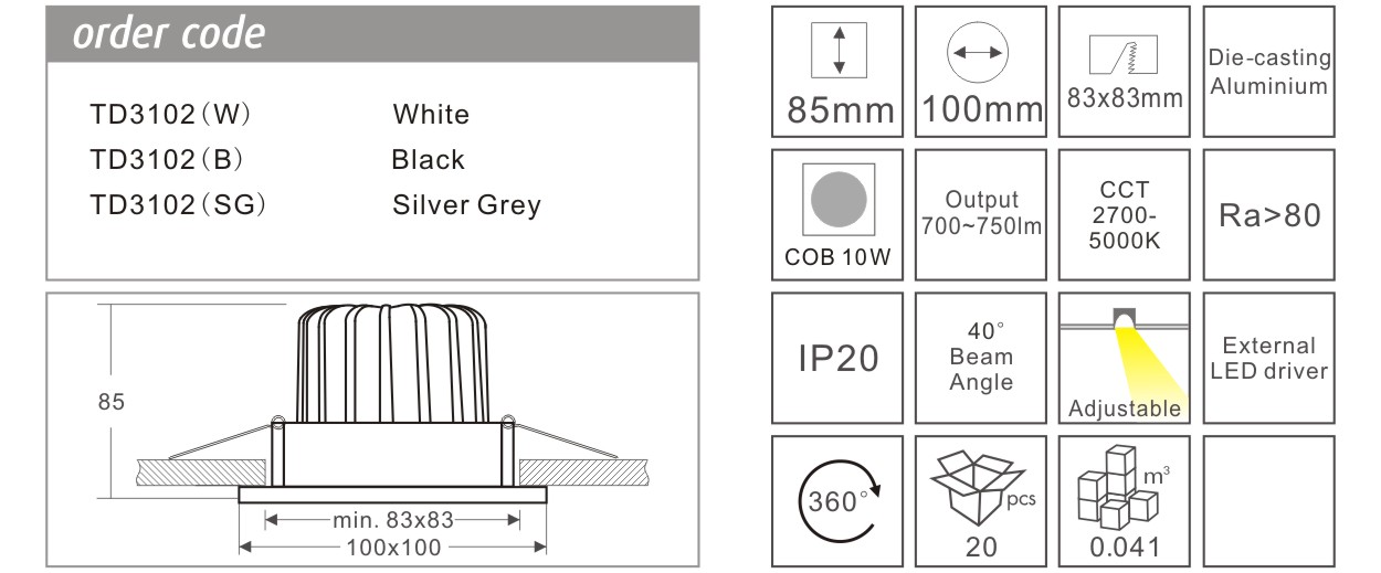 White Anti Glare LED Ceiling Spotlights / Square Recessed LED Downlights