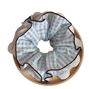 Bandeau coréen bleu à carreaux en dentelle, grand élastique à cheveux haut de gamme pour queues de cheval, bandeau surdimensionné personnalisé, accessoire de mode pour femmes - Product Image 6