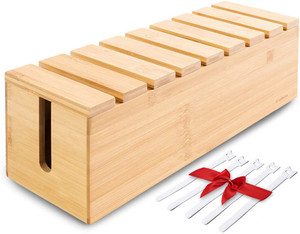 Wood Cable Management Box - Stylish Cord Organizer Box for Home and Office Storage Boxes & Bins Natural Bamboo Color Rectangular