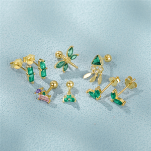 Aretes CANNER de Plata de Ley S925 con Circonita Verde 5A, Juego de Aretes Combinables Multi-Estilo, Piedra Esmeralda, Chapados en Oro de 18k - Product Image 3