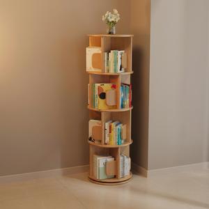 Librería esquinera moderna de madera con estantes giratorios para almacenamiento en el hogar, oficina y sala de estar. - Product Image 1