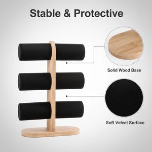 Nouveau Présentoir à 3 Niveaux en Bambou et Velours Noir/Cuir Anti-Poussière pour Bracelets, Montres, Épingles à Cheveux, Cordons et Bijoux - Product Image 6
