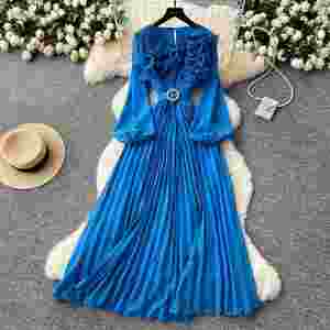 Vestido Midi Plisado Delgado de Verano 2025 para Mujer, Sostenible, Casual, Transpirable, Tejido, con Manga Linterna, Corte Imperio, Lavable y Antiestático - Product Image 2