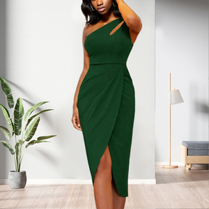 ชุดเดรสทำงานทรงเข้ารูปแบบใหม่ ดีไซน์เปิดไหล่ข้างเดียว พร้อมดีเทลจับจีบช่วงเอวและผ่าข้าง สำหรับสุภาพสตรีที่มีสไตล์ - Product Image 5