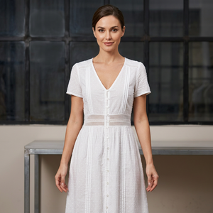 White V-Neck Cap Sleeve Midi Cotton Dobby <b>Dress</b> With lace detailing And Button Front A-Line Casual Summer <b>Dress</b> - Product Image 4