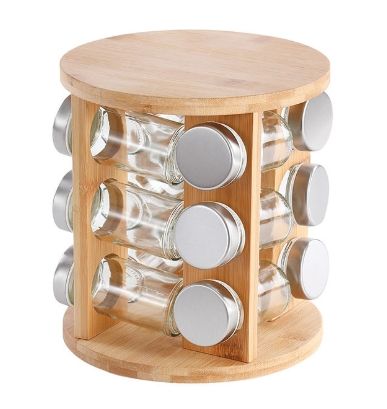 ชั้นวางไม้ไผ่พร้อมขวดเครื่องเทศ 12 ชิ้นพร้อมฝาปิดสีเงิน