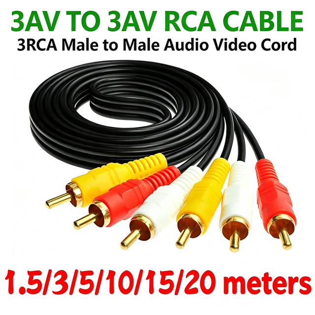 3rca to 3rca Male to Male Av Composite Cable 24k Gold Plated Audio Video Rca Cord for TV Box DVD 1.5m/3m/5m/10m/15m/20m