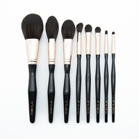 Set Kuas Makeup Profesional RTS 8 Buah Warna Hitam dengan Wadah PU, Bulu Sintetis Berkualitas Tinggi untuk Riasan Foundation Sehari-hari