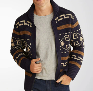 <b>Men's</b> Jacquard Knit <b>Cardigan</b> Sweater Turn-Down Collar <b>Long</b> Sleeve Zip Up Pattern Pullover <b>for</b> Autumn Winter - Product Image 1