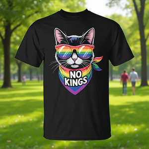 T-shirt No Kings Pride Cat, design arcobaleno nero, vestibilità unisex - Product Image 3