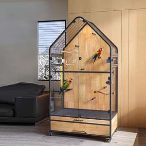 Papağan Kuş Kafesi Villa Çevre Dostu Taşınabilir Masif Ahşap Ferforje Cam Panoramik Tasarım Düğme Kapatmalı Büyük Irk Modern - Product Image 1