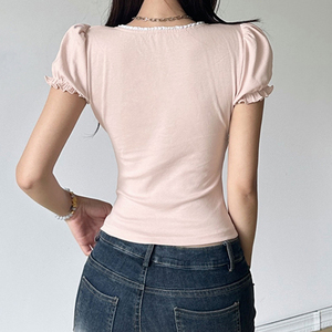 Top Corto Sexy y Lindo con Volantes Rosas y Mangas Abullonadas para Mujer, Camiseta de Manga Corta Ajustada Estilo Dulce Chica Y2K INS Kawaii Casual Chic - Product Image 5