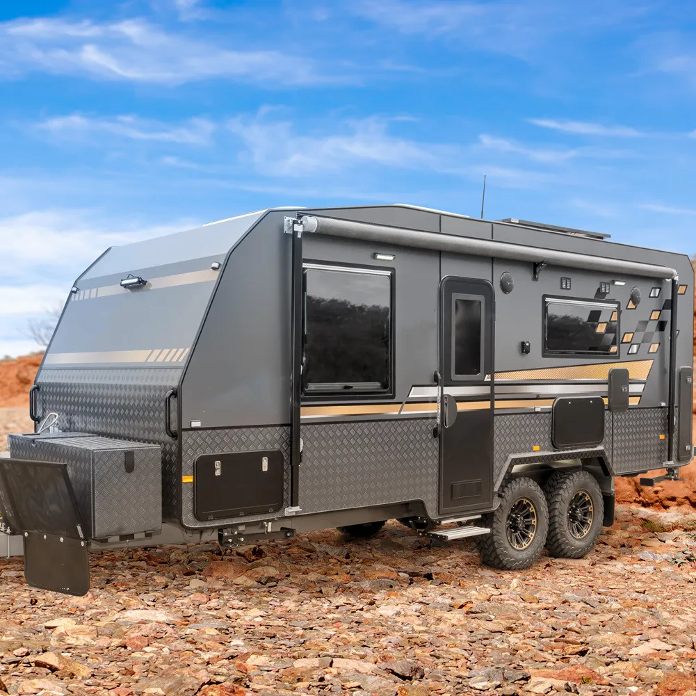 Towing light grey color RV Camper Trailer Caravan with Queen bed