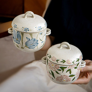 หม้อตุ๋นเซรามิกแบบจีนโบราณสองหูจับ กันน้ำ ฝาปิดลายดอกไม้ ส่งออกต่างประเทศ - Product Image 1