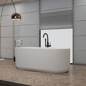 Baignoire autoportante ovale minimaliste en pierre artificielle, finition blanc mat, surface solide, pour salle de bain moderne - Product Image 5