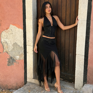 European spicy halter neck embroidered applique button top with mesh spliced irregular hip <b>skirt</b> pure desire set - Product Image 4