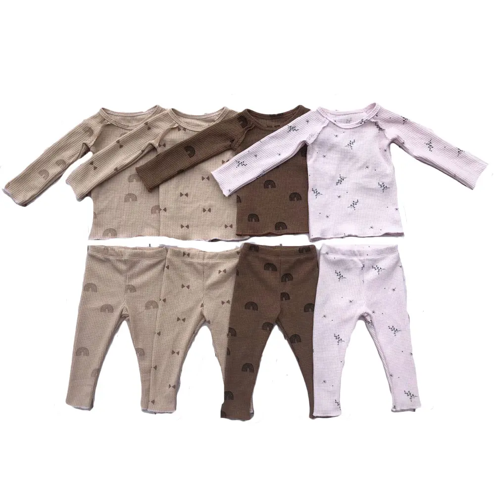 Hersteller benutzer definierte Langarm Waffel digitale niedlichen Regenbogen Print Baby kleidung Anzug und Kinder Langarm Pyjama Set