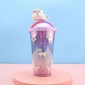 Nouvelle licorne en plastique bouteille à boire dessin animé mignon tasse pratique été tasse à eau avec paille - Product Image 2