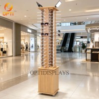 Floor Standing Rotating Sunglasses Display Rack, 4-Sided Eyewear Stand with Cabinet & Wheels for Retail Shop