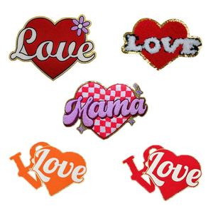 New Hot Colorful Big Size Iron on Chenille Embroidered Gold Heart love Mama Patch for T-shirt Hoodies - Product Image 1