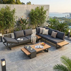 Ensemble <span class=keywords><strong>de</strong></span> mobilier <span class=keywords><strong>de</strong></span> patio <span class=keywords><strong>de</strong></span> luxe 3 pièces, directement <span class=keywords><strong>de</strong></span> l'usine, résistant à l'eau, en bois <span class=keywords><strong>et</strong></span> <span class=keywords><strong>aluminium</strong></span>, canapé-lit <span class=keywords><strong>de</strong></span> <span class=keywords><strong>jardin</strong></span> pour villa, toit ou terrasse - Product Image 3