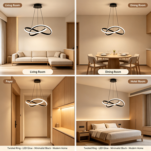 Lustre suspendu noir en forme d'anneaux entrelacés, lustre moderne à LED en boucle pour salon, salle à manger et hall d'entrée - Product Image 6