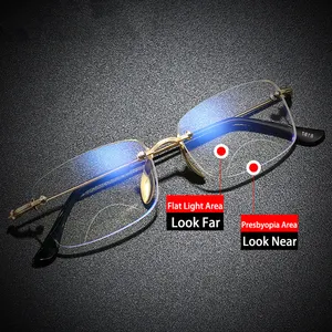 2022 Men Women Metal Bifocal Far Near Magnification Eyewear Anti Blue Light Blocking Rimless Reading Glasses +150 +200
