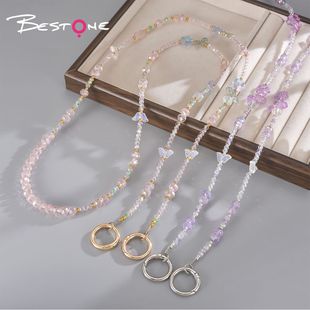Color Plated Butterfly Crossbody Phone Chain Strap Long Handmade Beaded Plum Flower Lanyard for Small Niche Ins Style