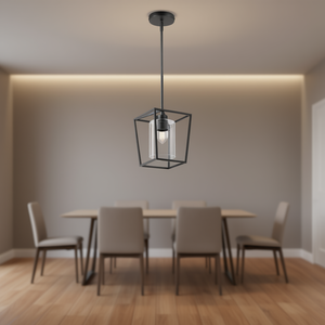 Lampada a sospensione a gabbia in ferro nero con paralume in vetro, LED E26 3500K bianco caldo, per sala da pranzo, montaggio a soffitto, dimensioni ridotte - Product Image 2