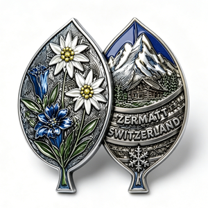 Pin Metálico de Recuerdo de Zermatt, Suiza, Diseño de Montaña con Flores en Relieve de Doble Cara, Plateado, Aleación de Zinc, Esmalte Duro - Product Image 4