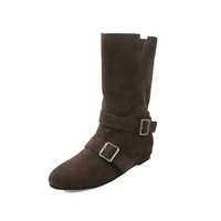 Bottes d'équitation pour femme en cuir véritable, à talon épais, bout rond, à enfiler, avec boucle, hauteur mi-mollet, pour l'hiver