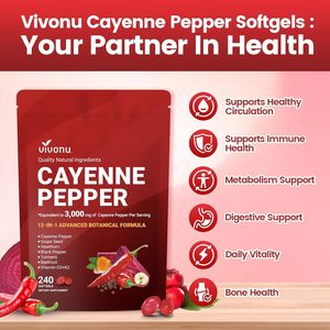 Complément en gélules VivoNu au poivre de Cayenne : Soutient la santé cardiaque, des veines des jambes et des vaisseaux sanguins, améliore la densité osseuse, Vitamine E, D3+K2 - Product Image 3