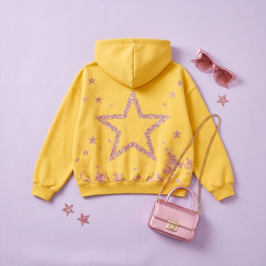 Sudadera con Capucha Oversize Amarilla para Mujer, con Estampado de Estrellas Rosas y Pedrería, Sudadera Gráfica Brillante, Estilo Urbano Estético - Product Image 3