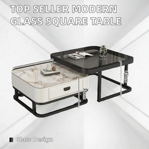 Table basse moderne et écologique avec plateau en verre durable, tiroir de rangement, structure en métal, meubles de salon, hauteur 38 cm - Product Image 2