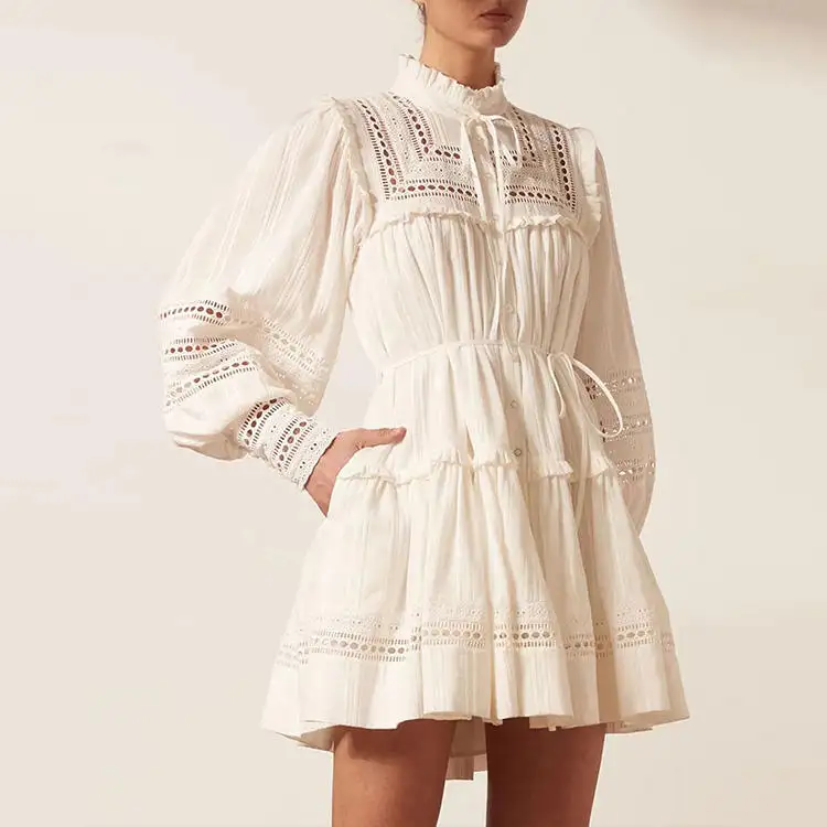 Bohemian Vintage Women Cotton Long Sleeve Pocket Luxury Boho Ruffles Lace Mini Embroidery Bud Casual Linen Dress