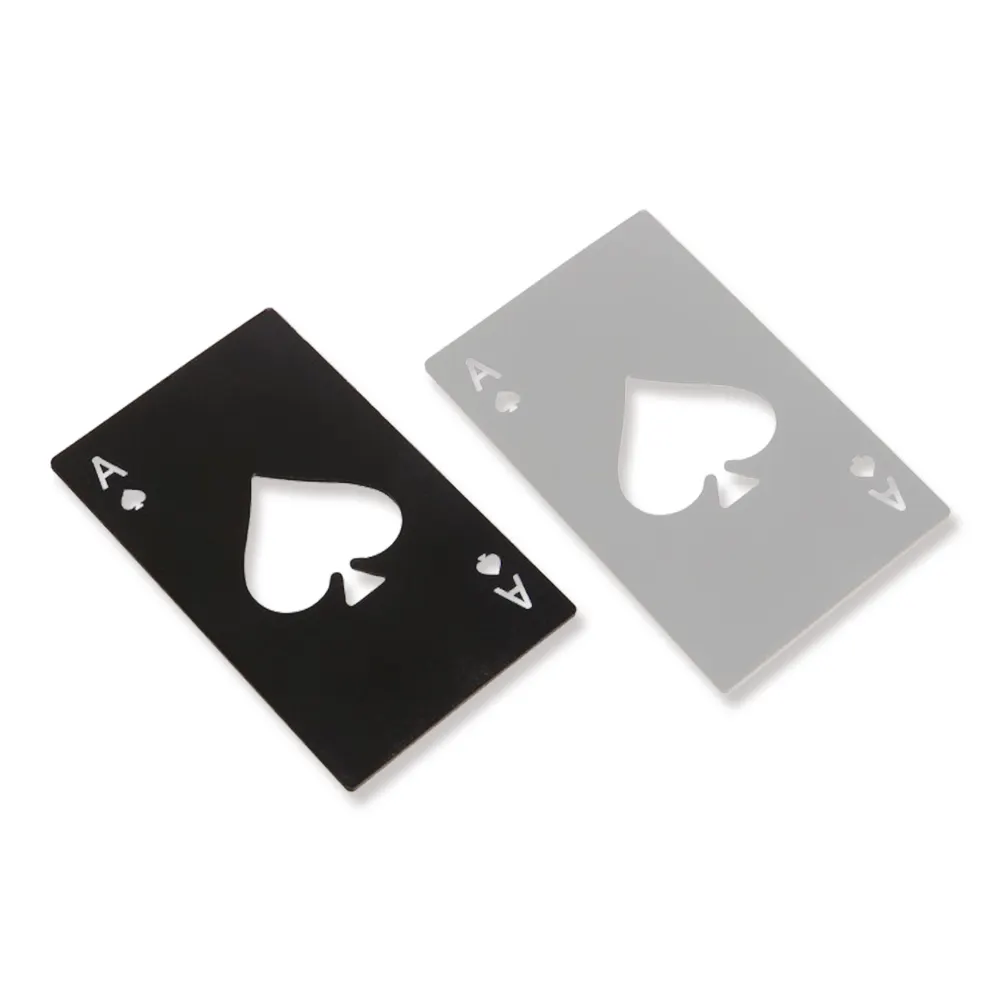 Promotion Zinc Alloy Stainless Steel Metal Black Silver Hollow Out Poker Ace Business Card Bottle Opener