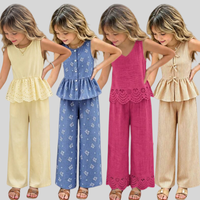 Ensemble deux pièces d'été pour filles, haut style licou à bordure feuillagée et pantalon large, tenue décontractée pour grandes filles, style floral et uni