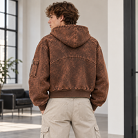 Sweat à capuche zippé personnalisé pour homme, coupe courte, effet délavé vintage, broderie logo personnalisé pour style streetwear rétro