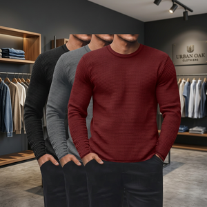 Pull à col rond en tricot gaufré pour homme, couleur unie, manches longues, style décontracté pour l'automne, tricoté à manches longues - Product Image 4