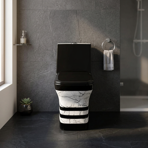 WC monobloc en céramique imprimé sur mesure, suite de salle de bain de luxe blanc et noir, cuvette de toilette à poser au sol - Product Image 1