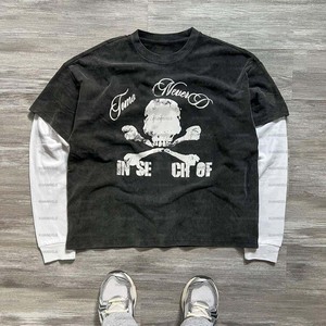 T-Shirt Personalizzata 100% Cotone a Doppio Strato con Lavaggio Acido, Grafica Teschio Stampata, Maglietta a Maniche Lunghe a Doppio Strato per Uomo - Product Image 3