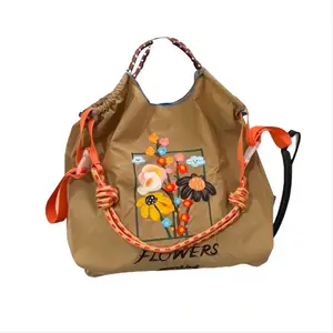 2024 New Fashion Multi Function Canvas Tote Bags With Beautiful Embroidery Pattern For Women Shopping